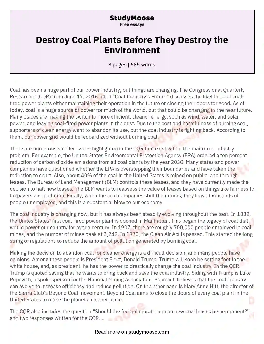 Destroy Coal Plants Before They Destroy the Environment essay
