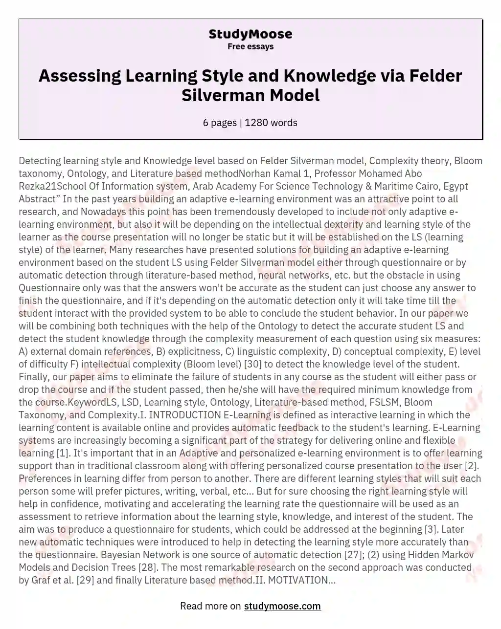 Assessing Learning Style and Knowledge via Felder Silverman Model essay
