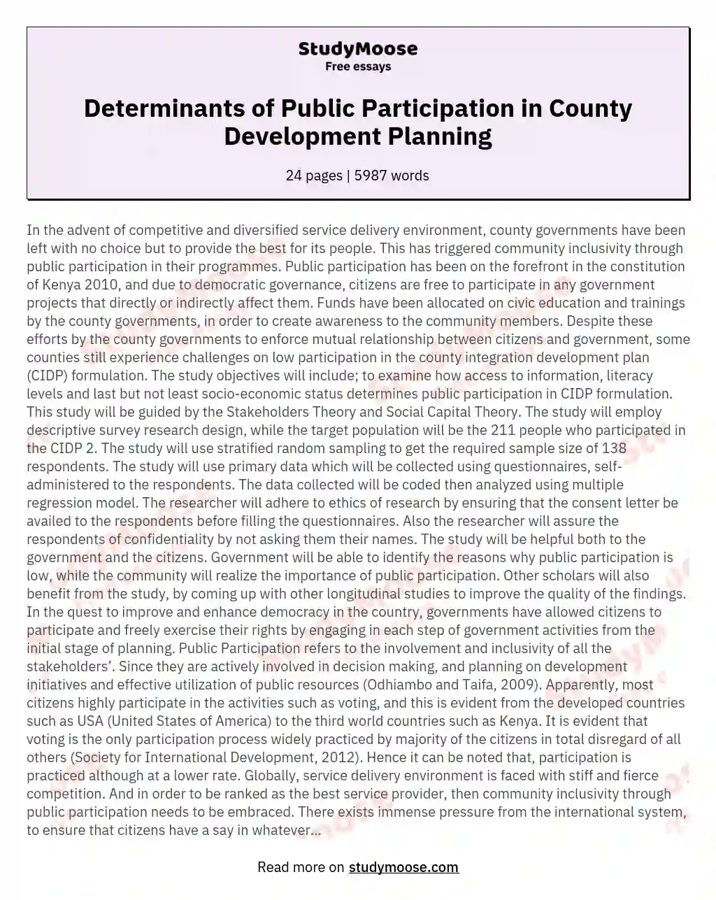 Determinants of Public Participation in County Development Planning essay