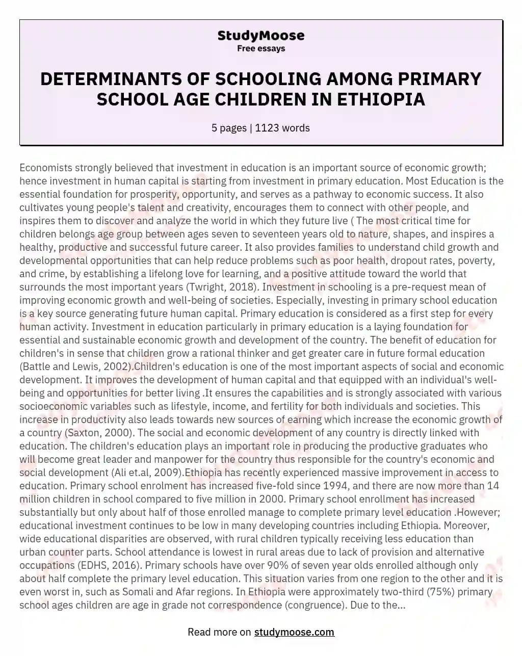 DETERMINANTS OF SCHOOLING AMONG PRIMARY SCHOOL AGE CHILDREN IN ETHIOPIA essay