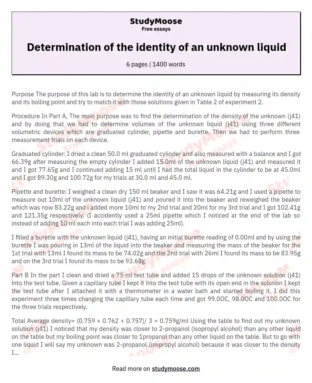 Determination of the identity of an unknown liquid essay