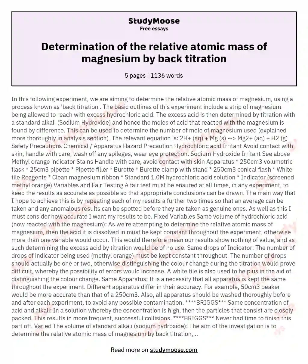Determination of the relative atomic mass of magnesium by back titration