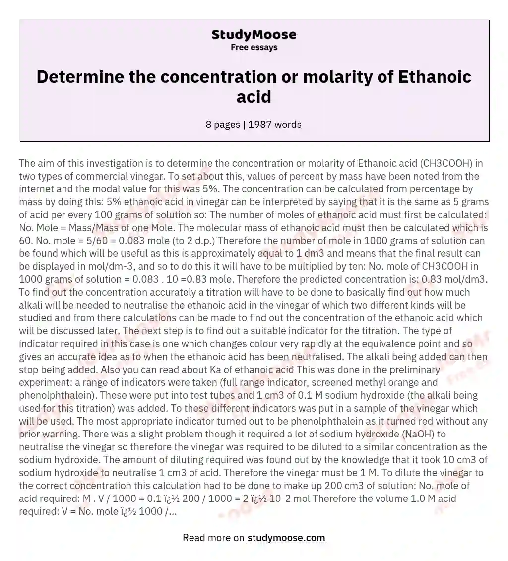 Determine the concentration or molarity of Ethanoic acid