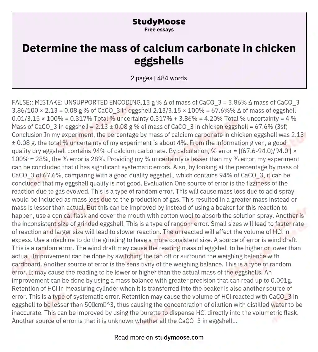 Determine the mass of calcium carbonate in chicken eggshells