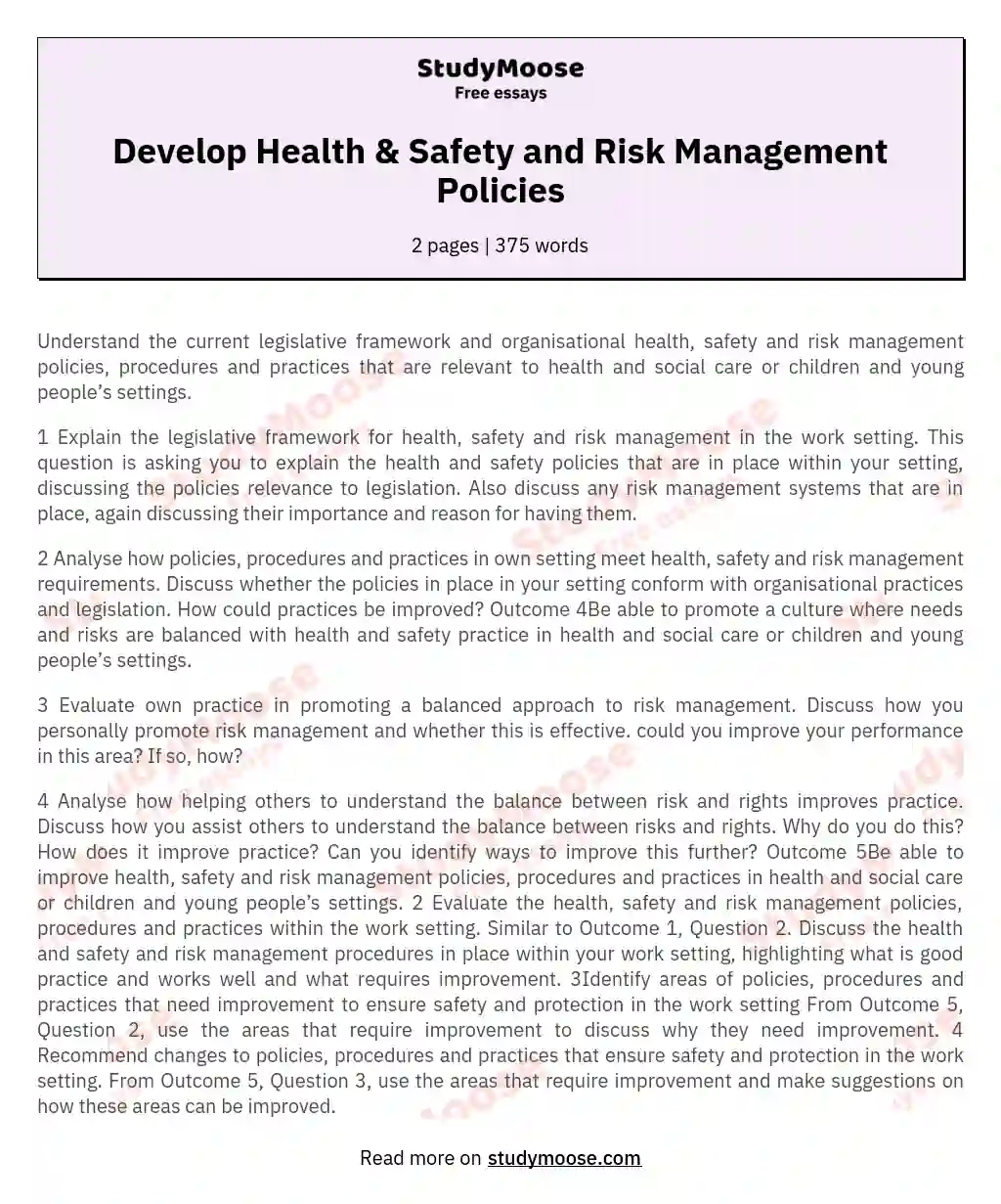 Develop Health & Safety and Risk Management Policies essay