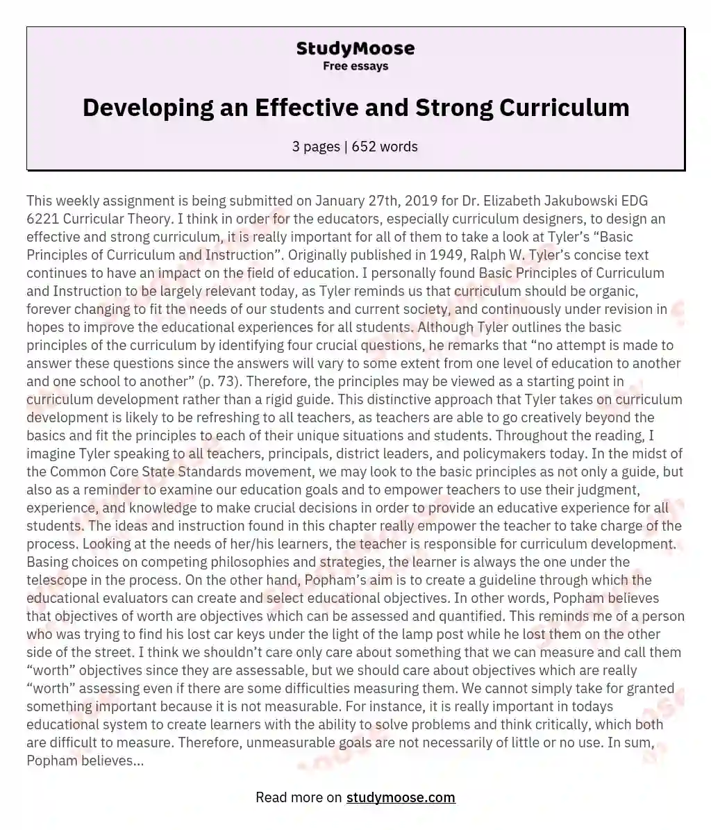 Developing an Effective and Strong Curriculum essay