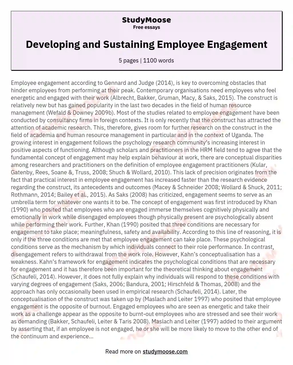 Developing and Sustaining Employee Engagement essay