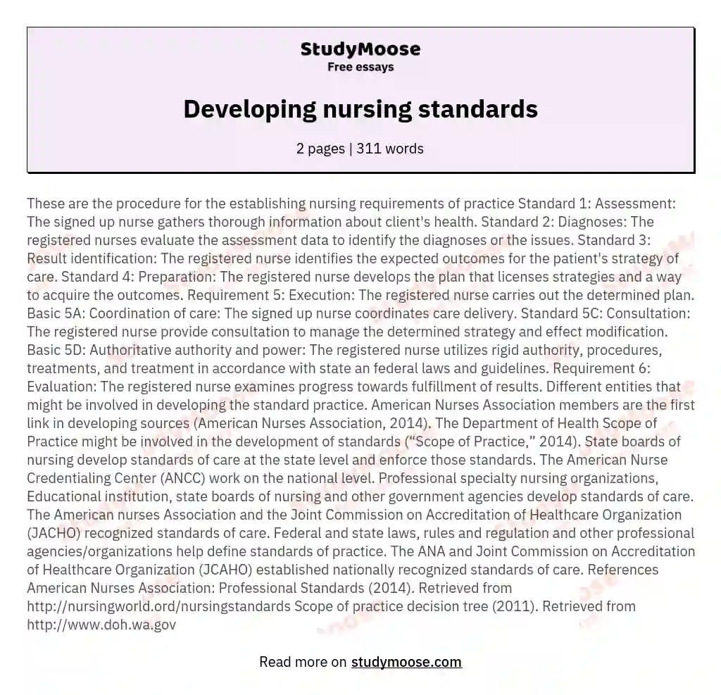 Developing nursing standards essay