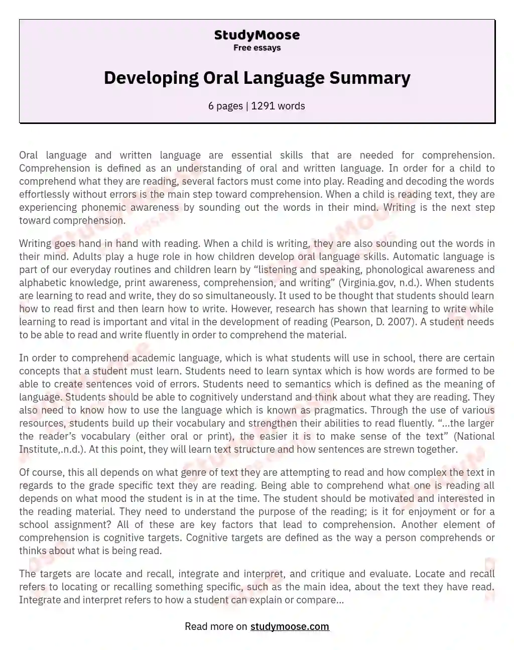Developing Oral Language Summary essay
