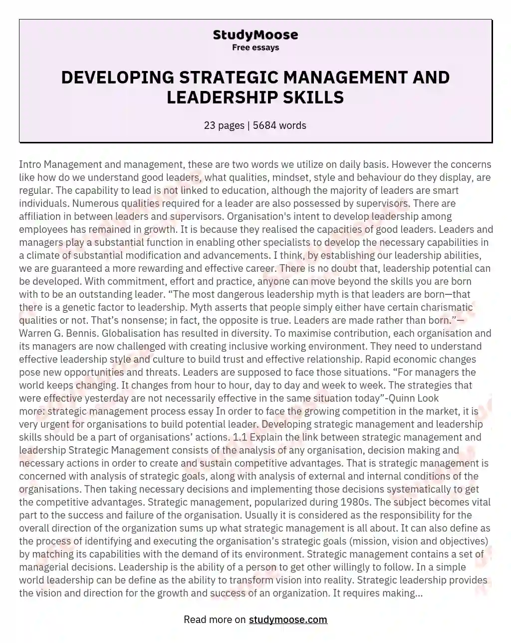 DEVELOPING STRATEGIC MANAGEMENT AND LEADERSHIP SKILLS essay