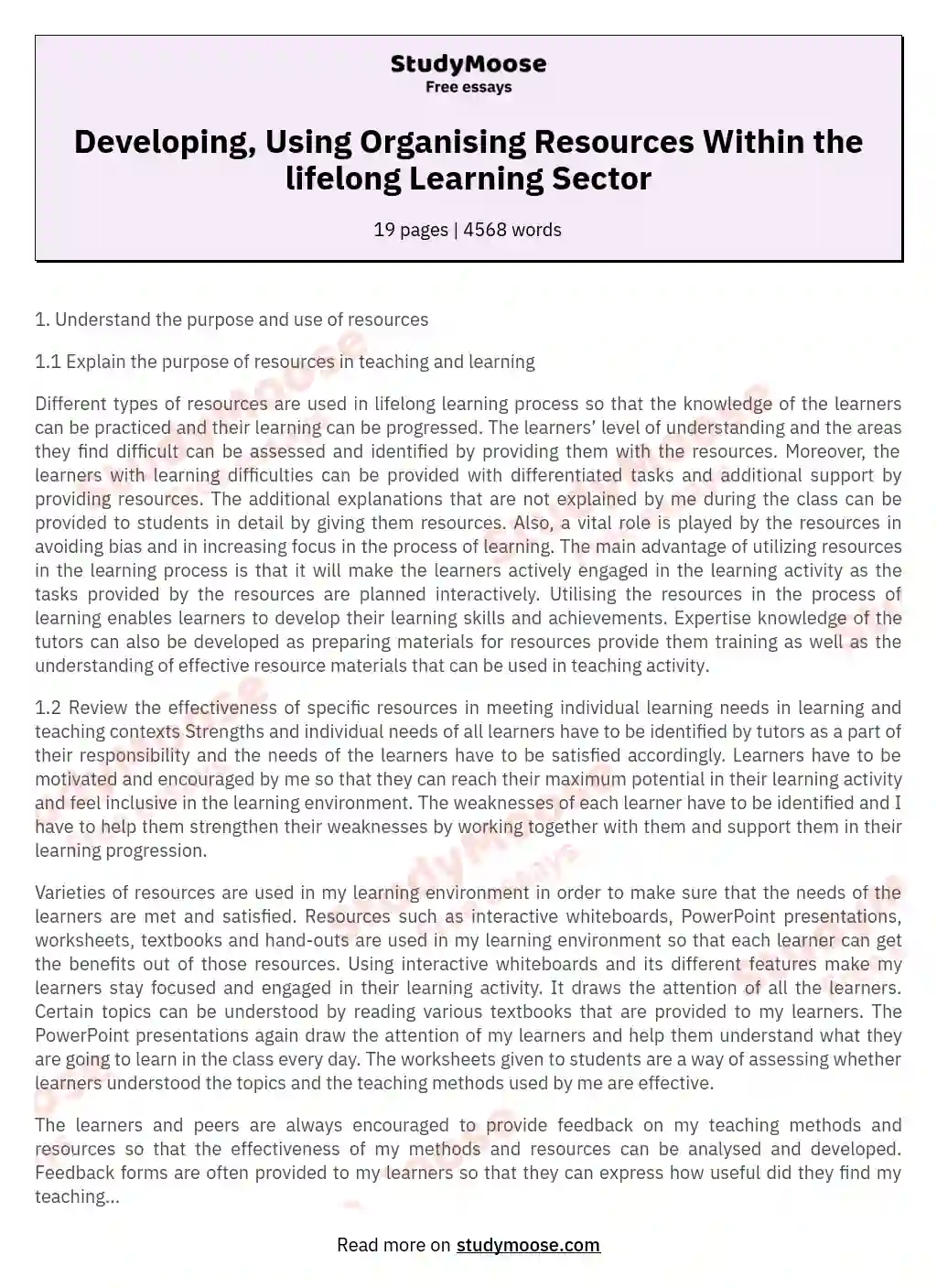 Developing, Using Organising Resources Within the lifelong Learning Sector essay