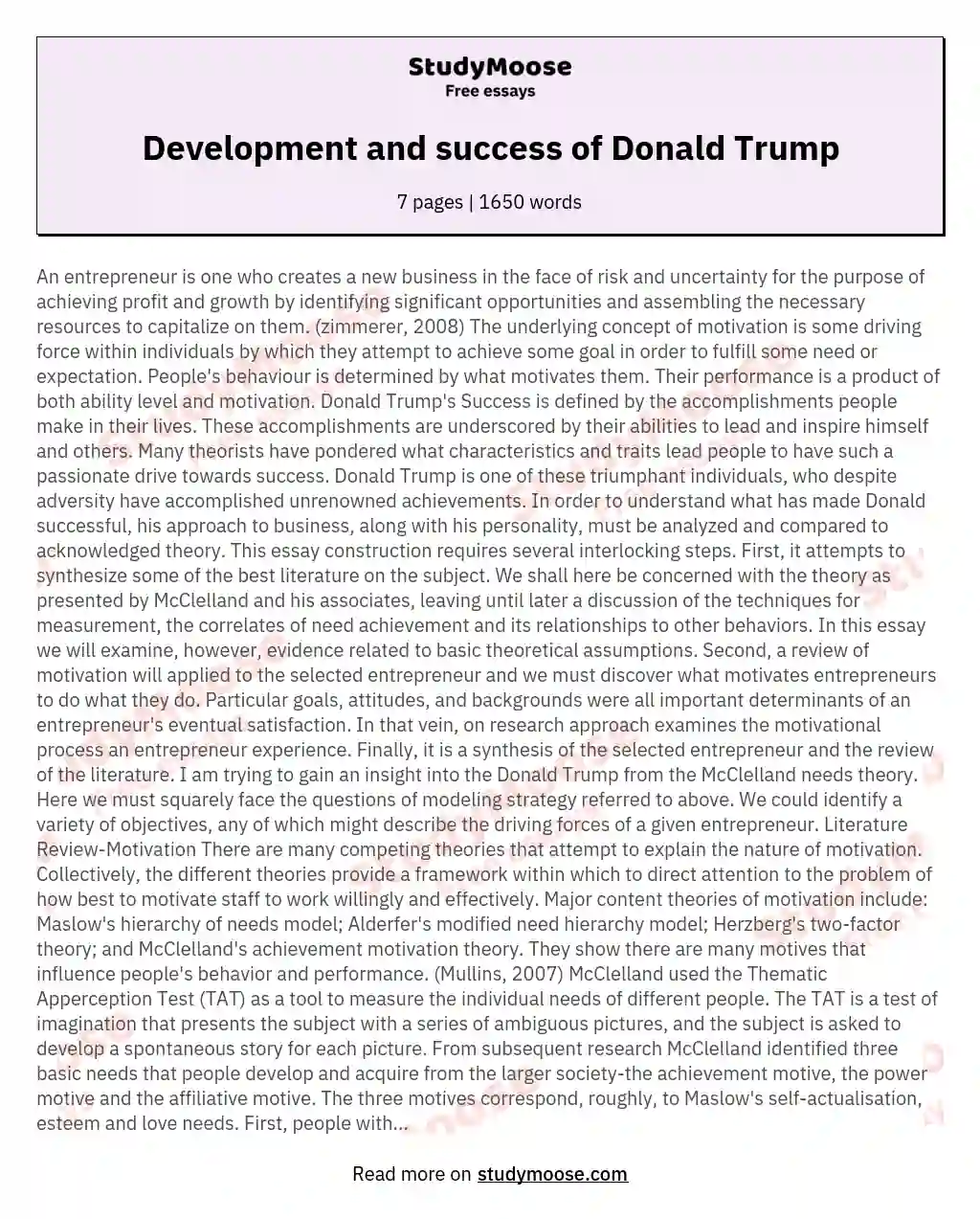 Development and success of Donald Trump essay