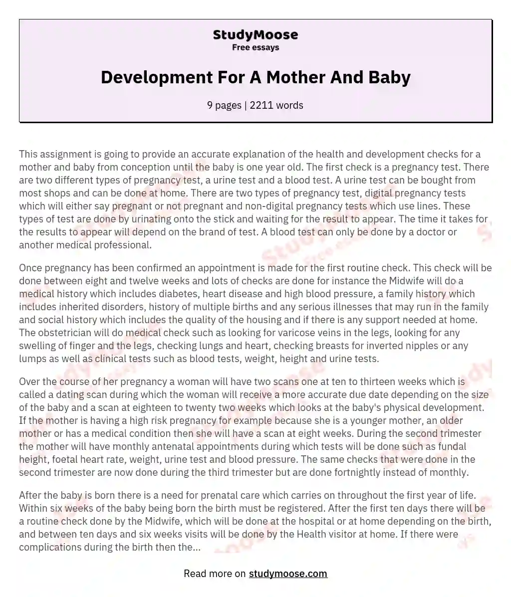 Development For A Mother And Baby essay