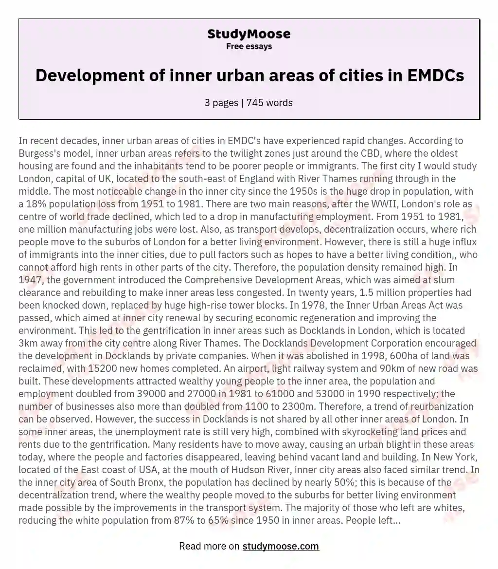 Development of inner urban areas of cities in EMDCs essay