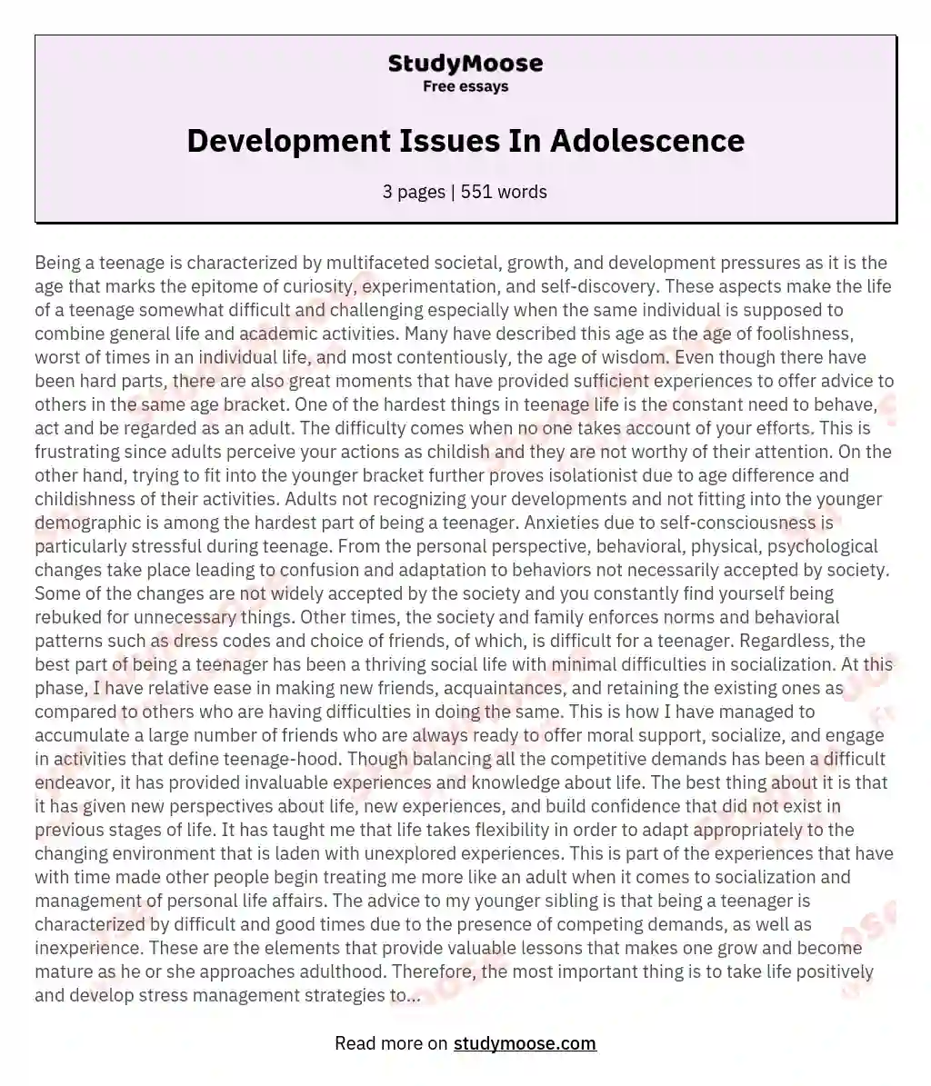 Development Issues In Adolescence essay