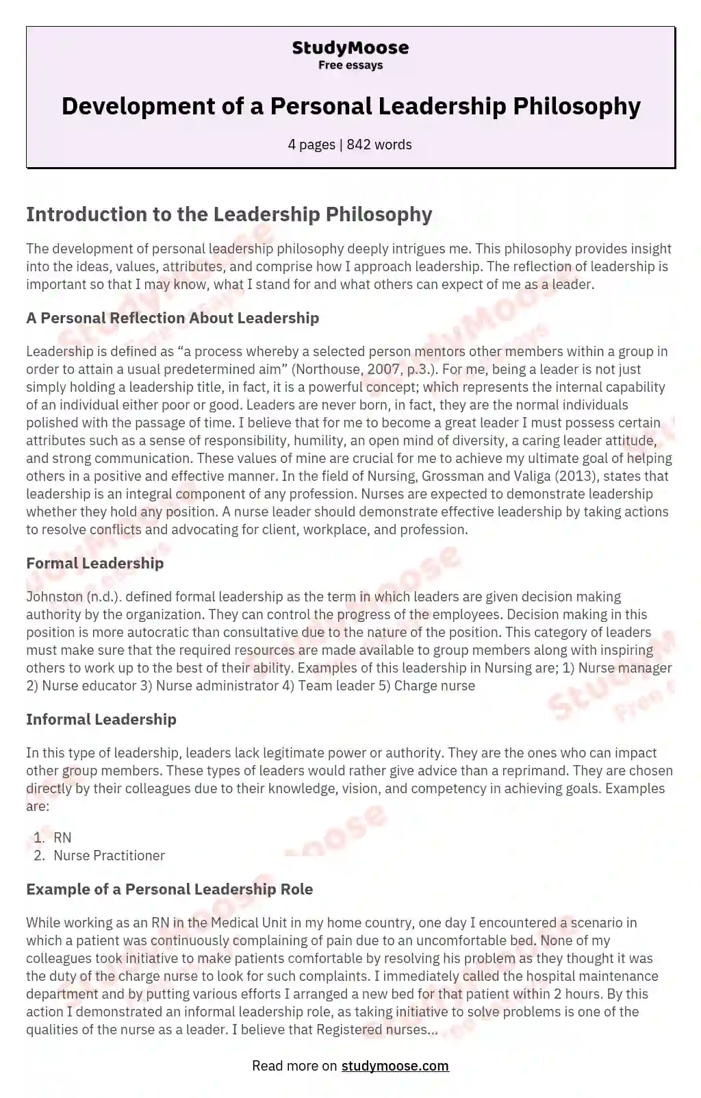 Development of a Personal Leadership Philosophy