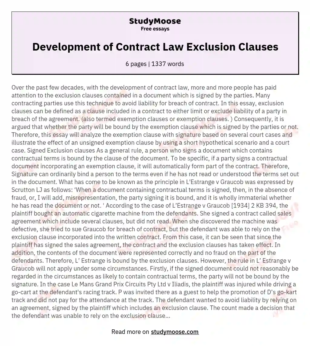 Development of Contract Law Exclusion Clauses