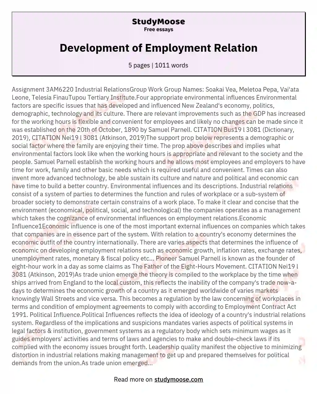 Development of Employment Relation essay