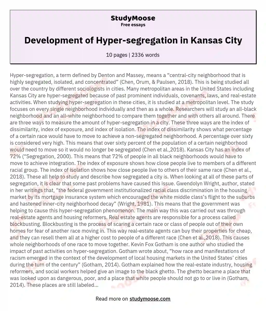Development of Hyper-segregation in Kansas City essay