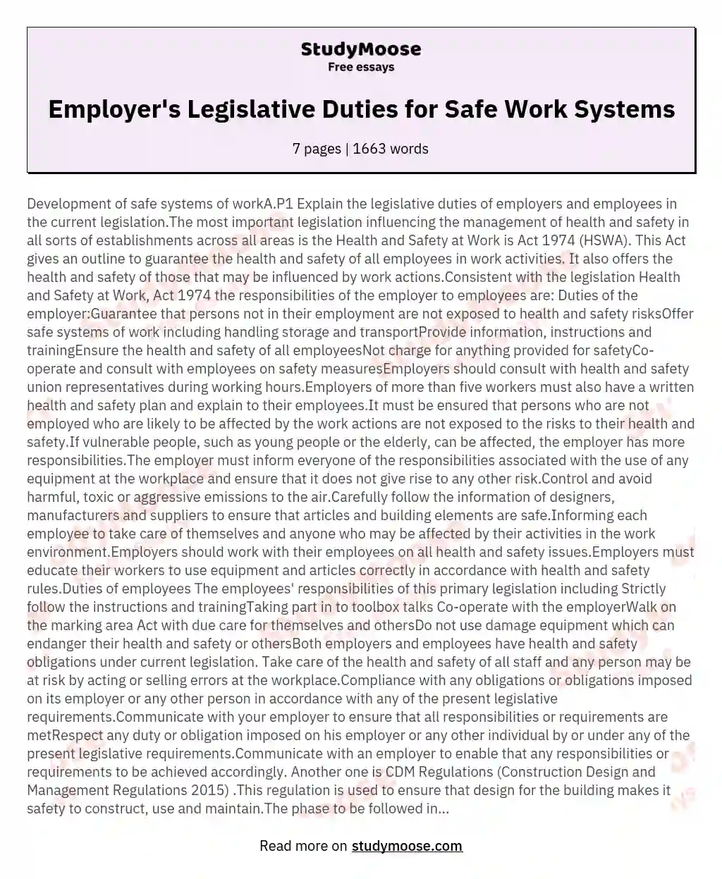 Development of safe systems of workAP1 Explain the legislative duties of employers
