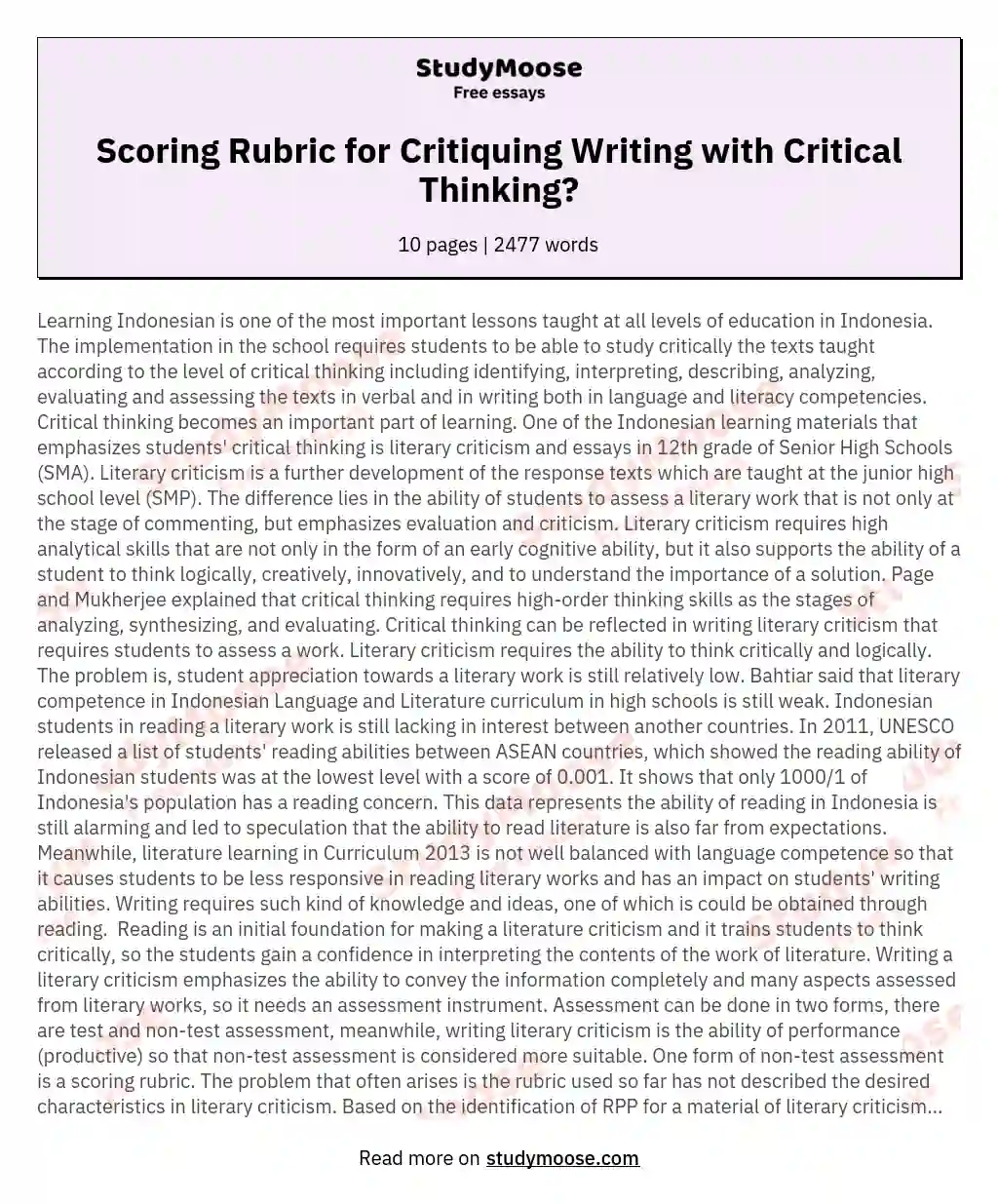 Scoring Rubric for Critiquing Writing with Critical Thinking? essay