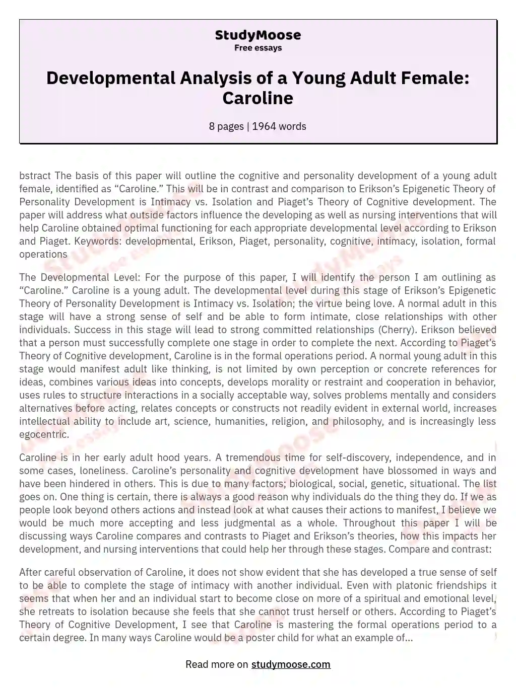 Developmental Analysis of a Young Adult Female: Caroline essay