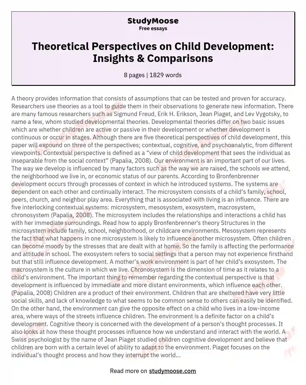 Theoretical Perspectives on Child Development: Insights & Comparisons essay
