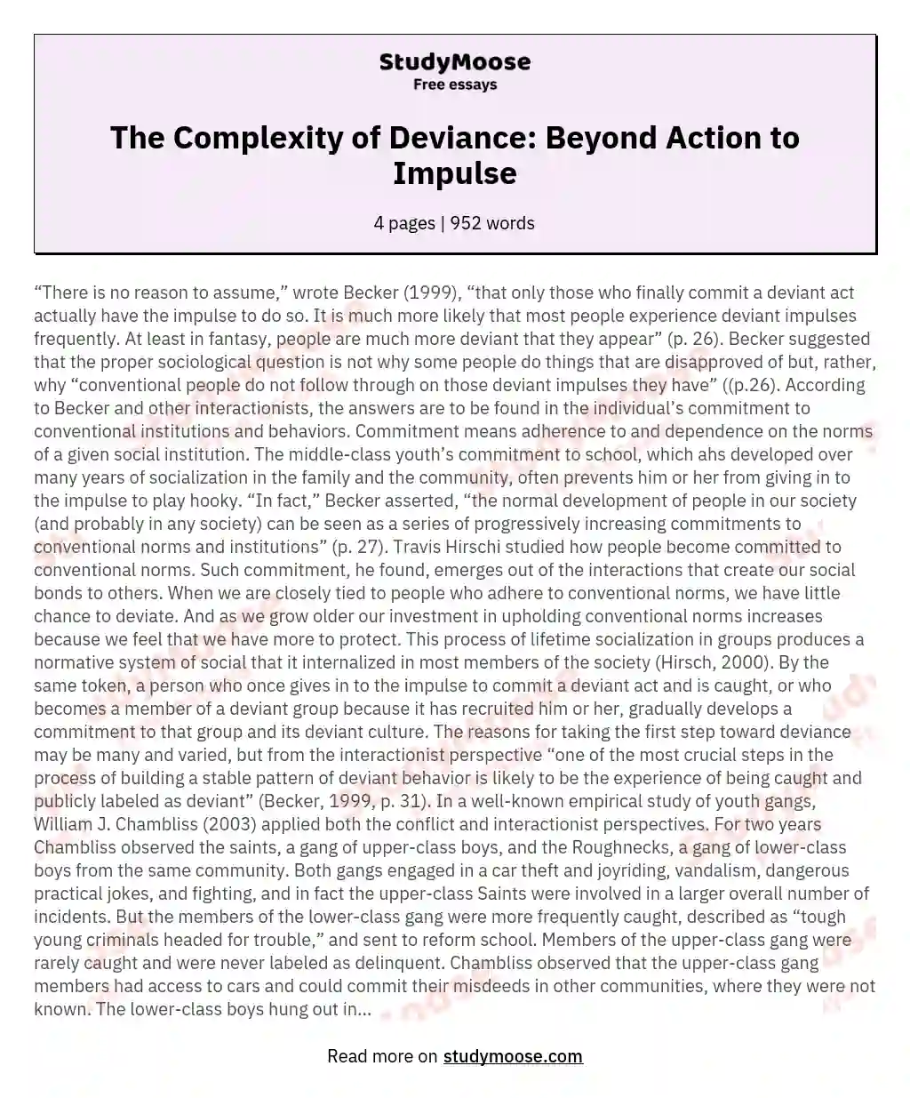 The Complexity of Deviance: Beyond Action to Impulse essay