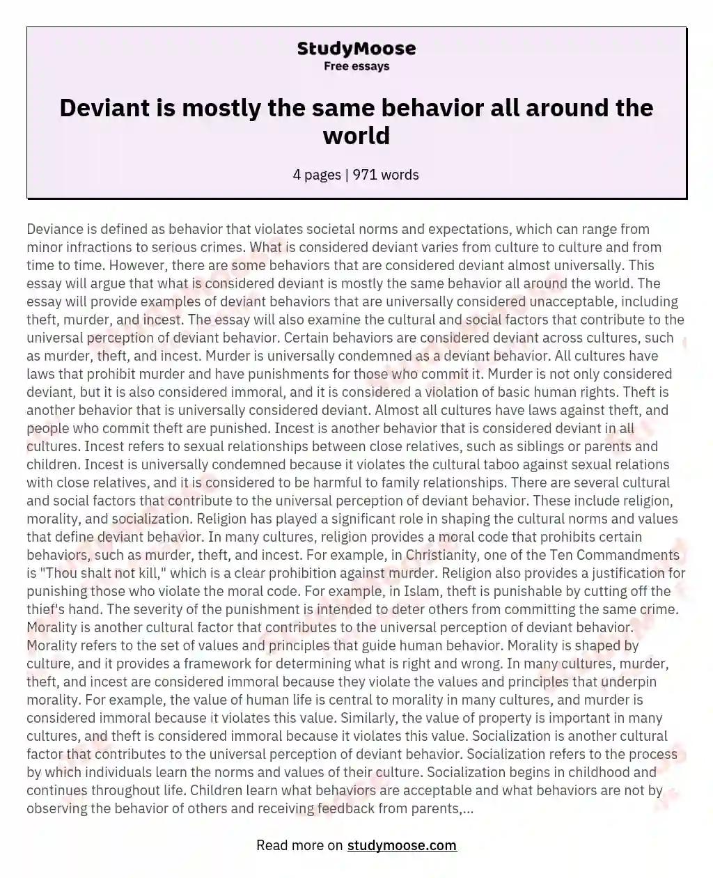 Deviant is mostly the same behavior all around the world essay