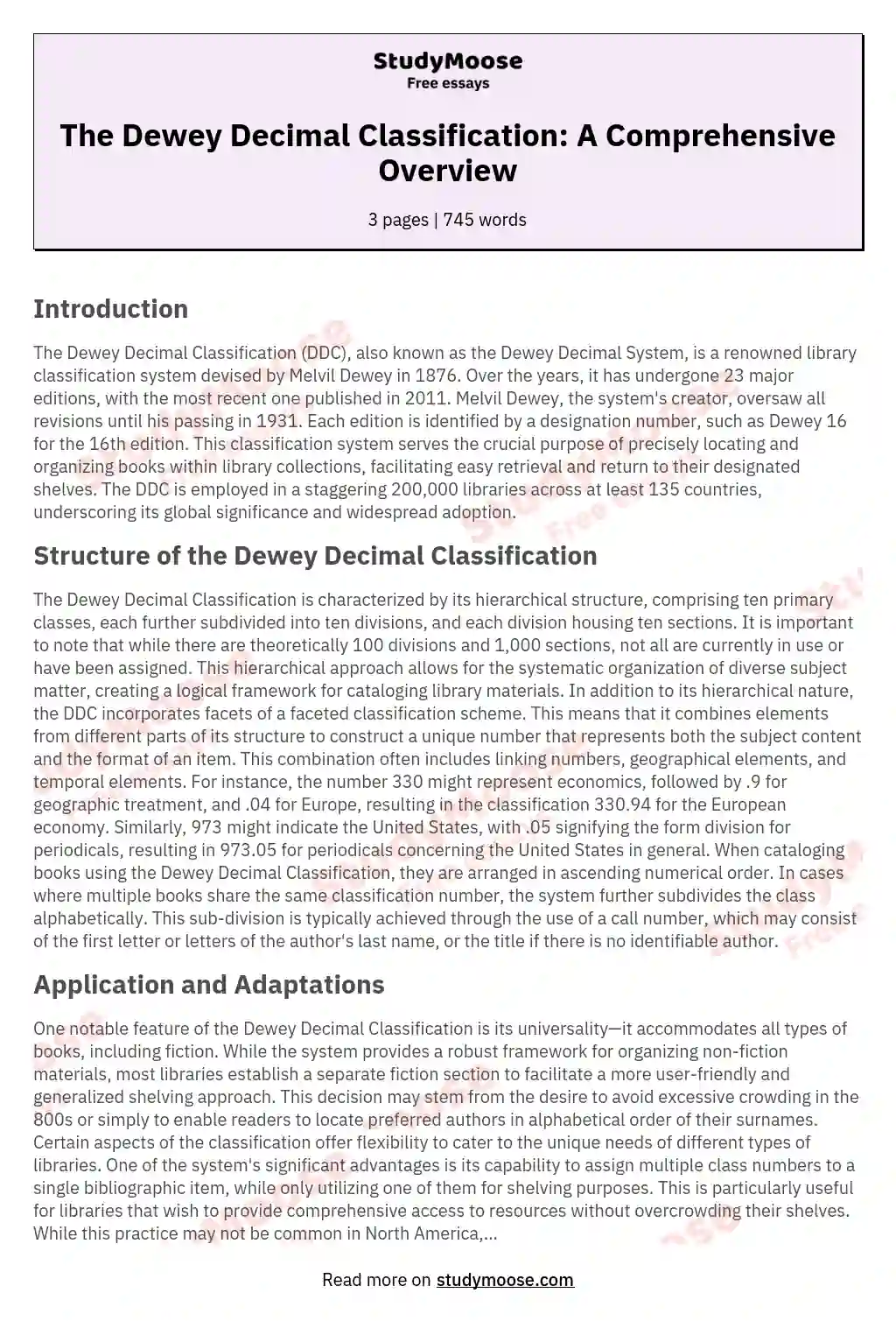 The Dewey Decimal Classification: A Comprehensive Overview essay