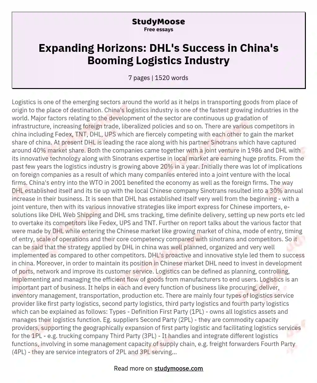 Expanding Horizons: DHL's Success in China's Booming Logistics Industry essay