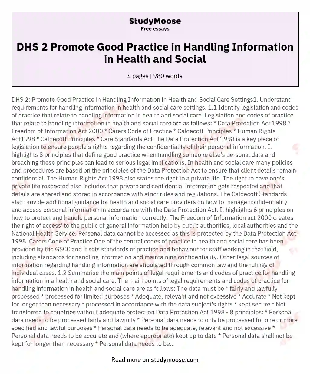 DHS 2 Promote Good Practice in Handling Information in Health and Social