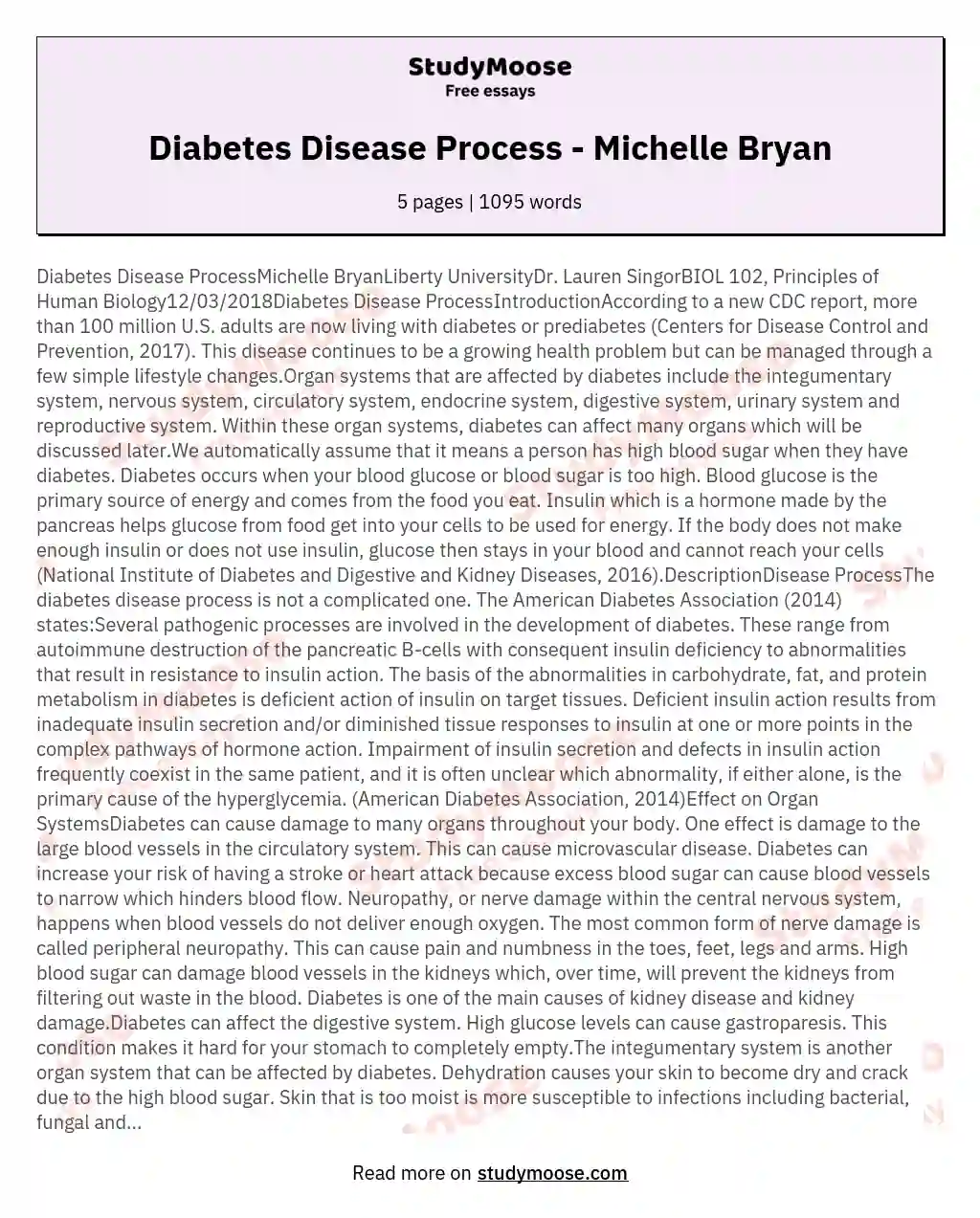 Diabetes Disease Process - Michelle Bryan essay