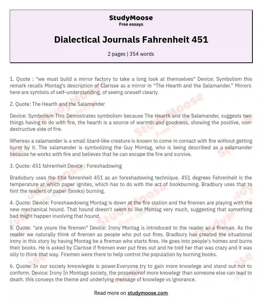 Dialectical Journals Fahrenheit 451
