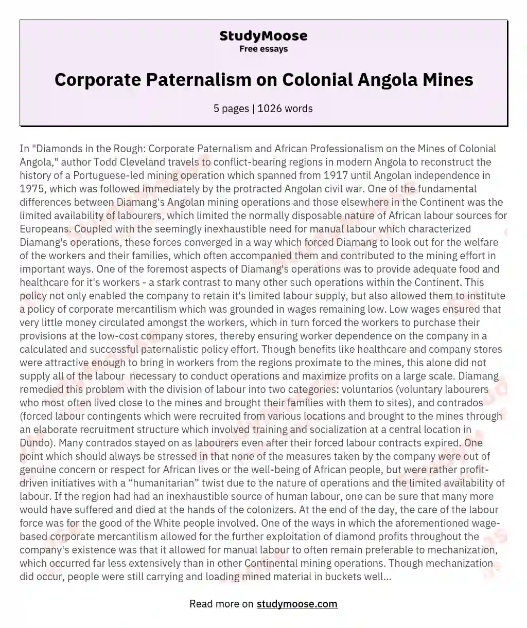 Corporate Paternalism on Colonial Angola Mines essay