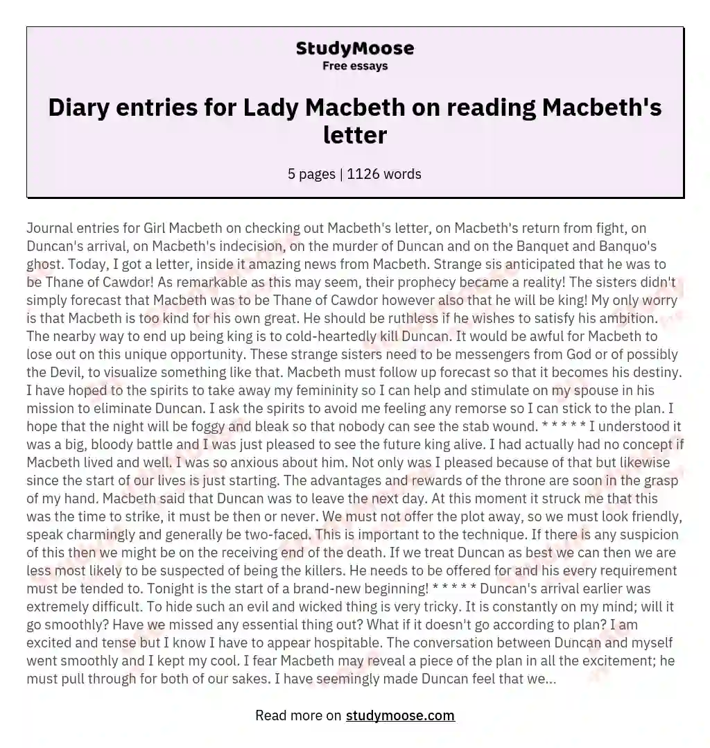 Diary entries for Lady Macbeth on reading Macbeth's letter essay
