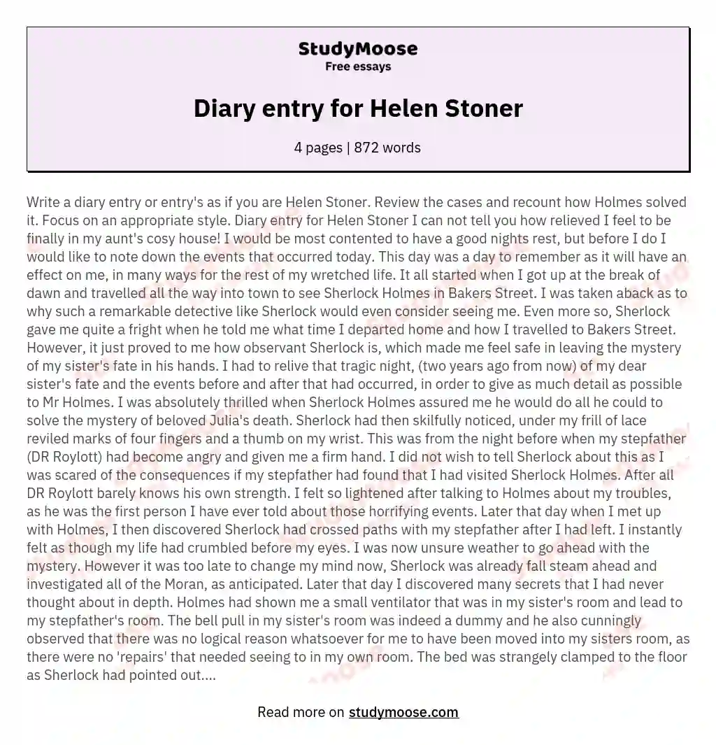 Diary entry for Helen Stoner essay