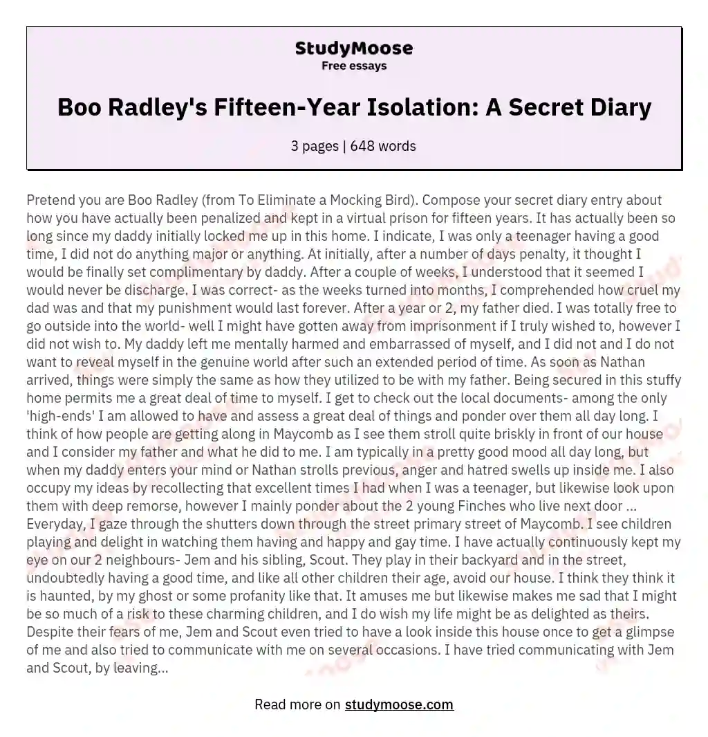 Boo Radley's Fifteen-Year Isolation: A Secret Diary essay