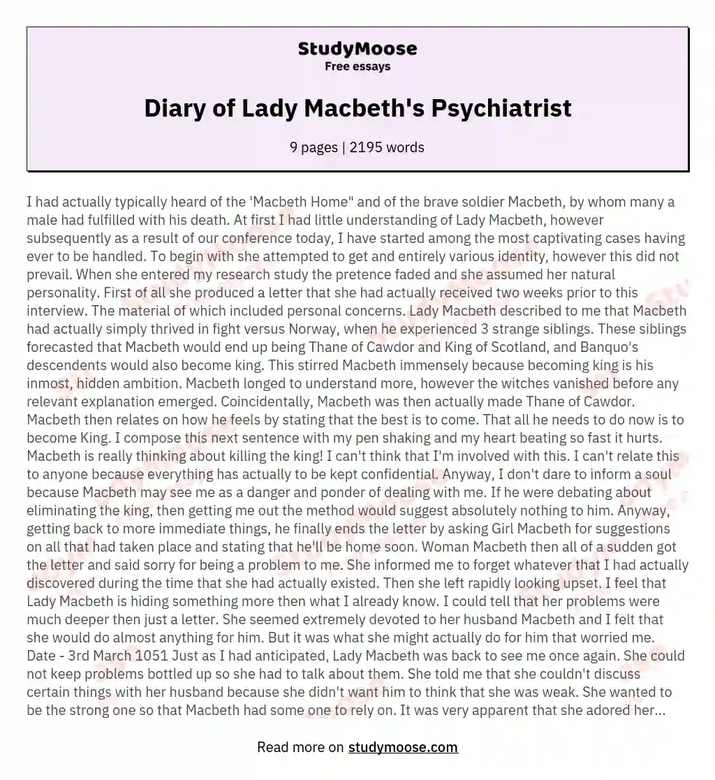 Diary of Lady Macbeth's Psychiatrist essay