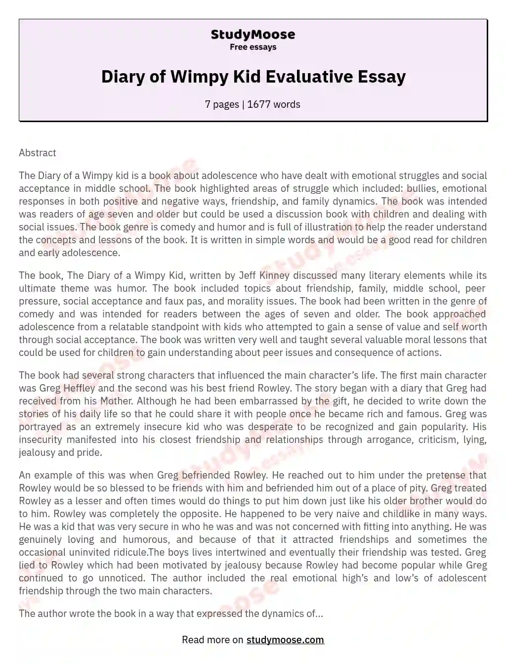 Diary of Wimpy Kid Evaluative Essay essay