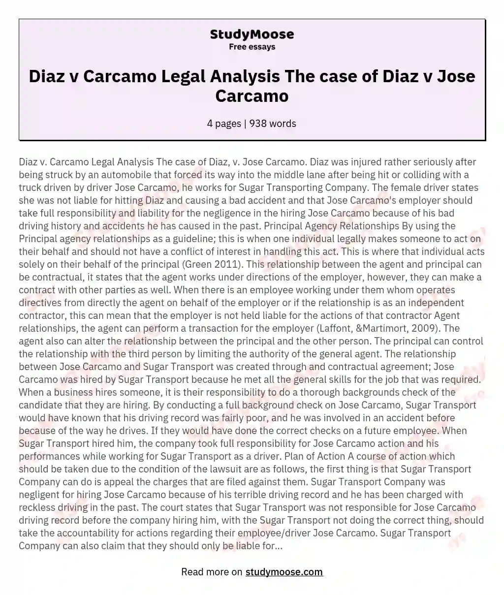 Diaz v Carcamo Legal Analysis The case of Diaz v Jose Carcamo