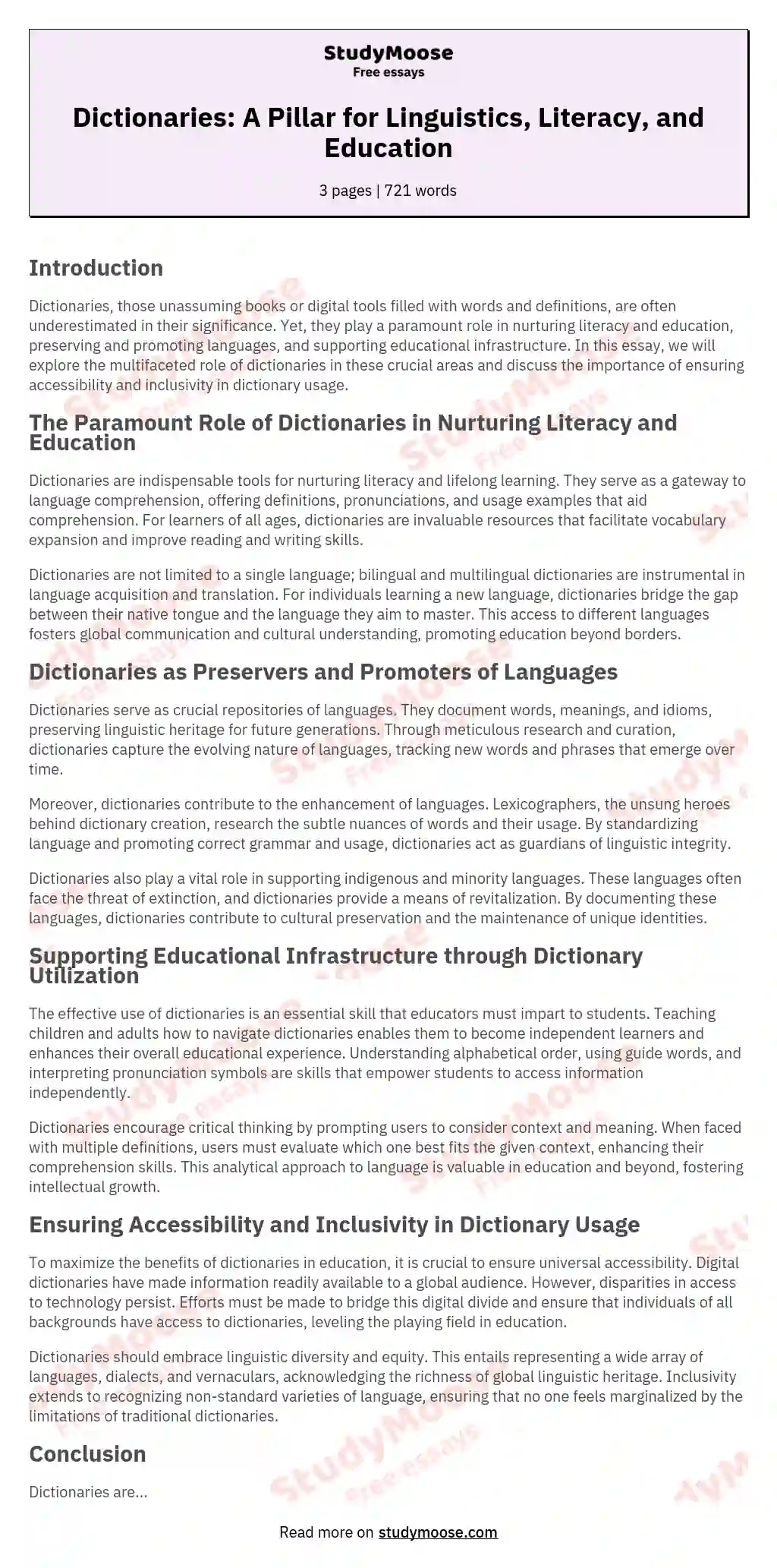 Dictionaries: A Pillar for Linguistics, Literacy, and Education essay