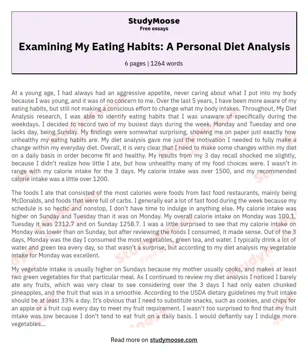 Examining My Eating Habits: A Personal Diet Analysis essay