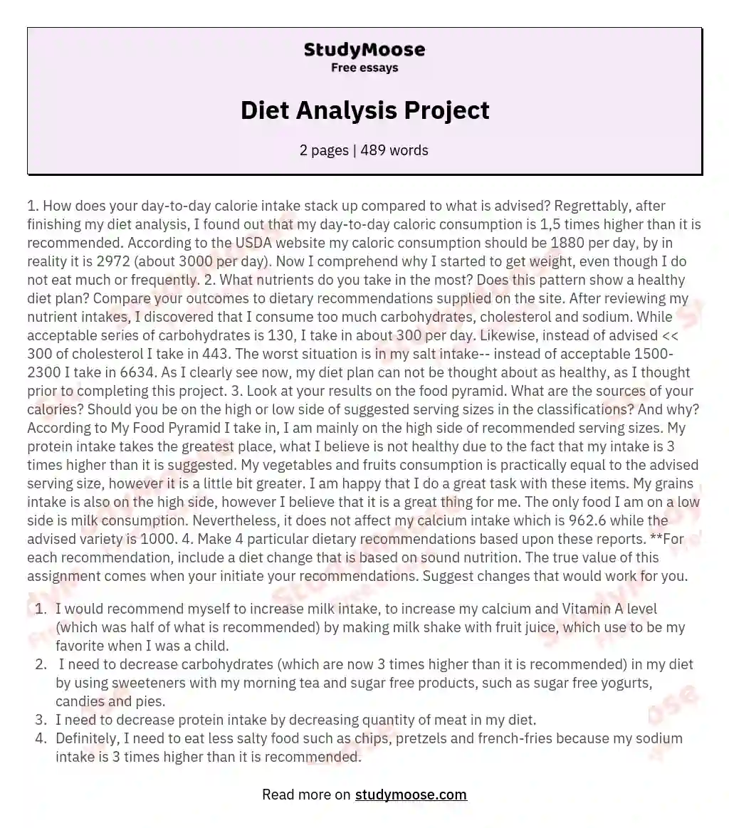 my diet analysis project essay