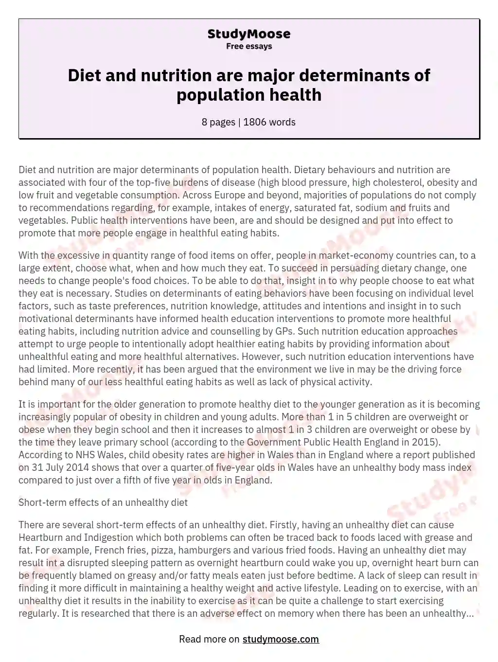 Diet and nutrition are major determinants of population health essay