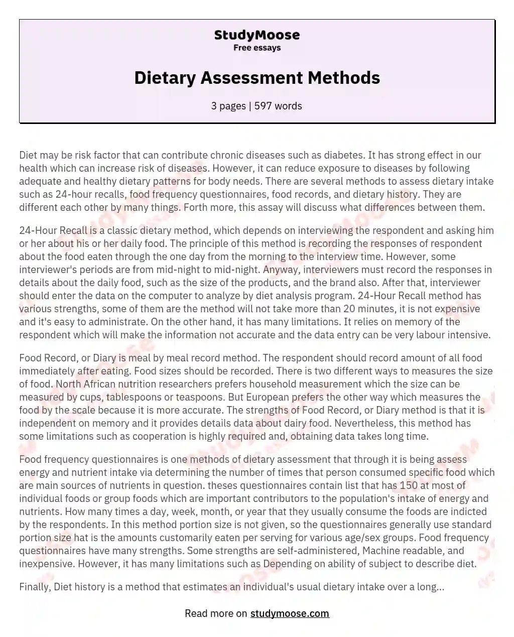 Dietary Assessment Methods essay