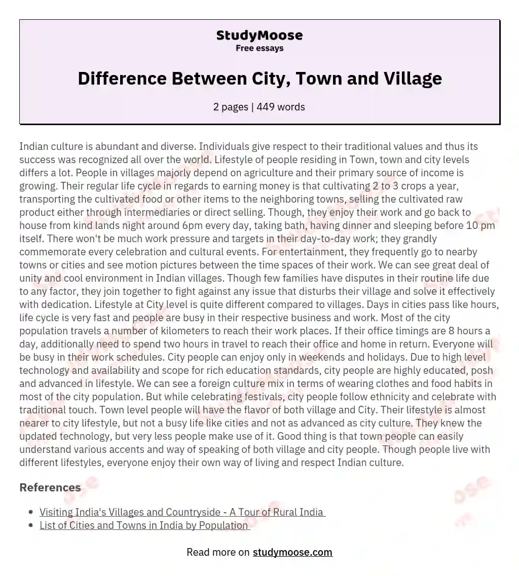 Difference Between City, Town and Village essay