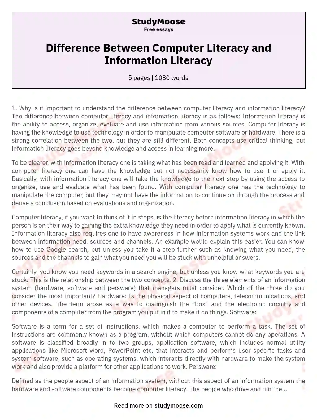 Difference Between Computer Literacy and Information Literacy essay