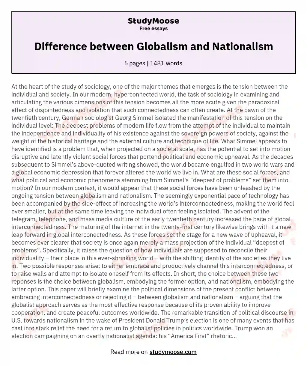 Difference between Globalism and Nationalism essay