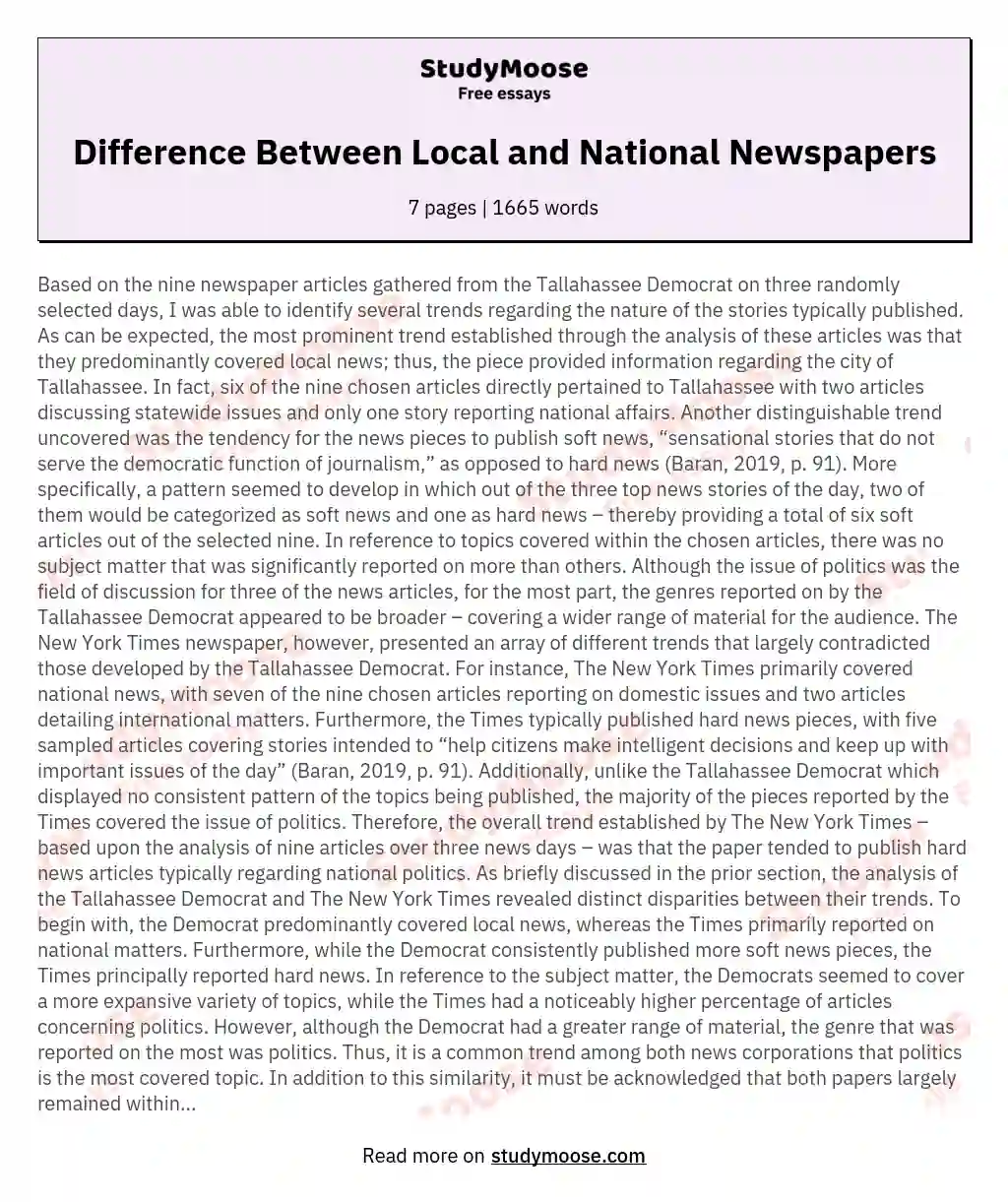 Difference Between Local and National Newspapers essay
